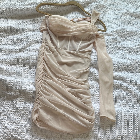 white christmas dresses Caspian Slinky and Mesh Off Shoulder Mini Dress / Ivory | Meshki main image 1